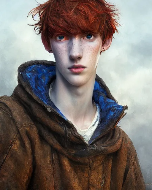Image similar to portrait of tall, thin, 1 5 - year - old boy with a long nose, a lot of freckles, fiery red hair, and bright blue eyes, hyper realistic face, beautiful eyes, fantasy art, in the style of greg rutkowski, intricate, hyper detailed, smooth