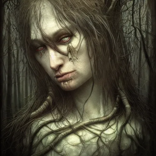 Prompt: a forest witch in the style of Anton Semenov, realistic painting, high definition, digital art, matte painting, very detailed, realistic