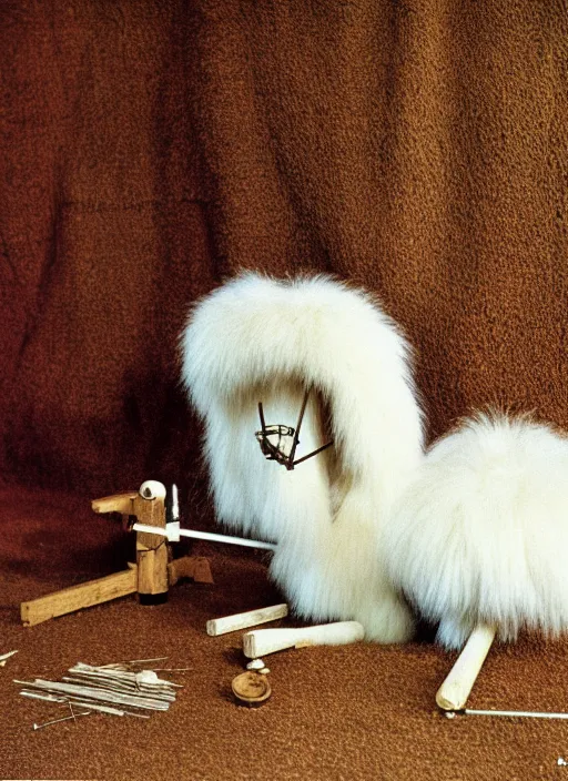 Image similar to realistic photo of a a medieval brushwood archeology scientific equipment device made of brushwood, with white fluffy fur, by dieter rams 1 9 9 0, life magazine reportage photo, natural colors