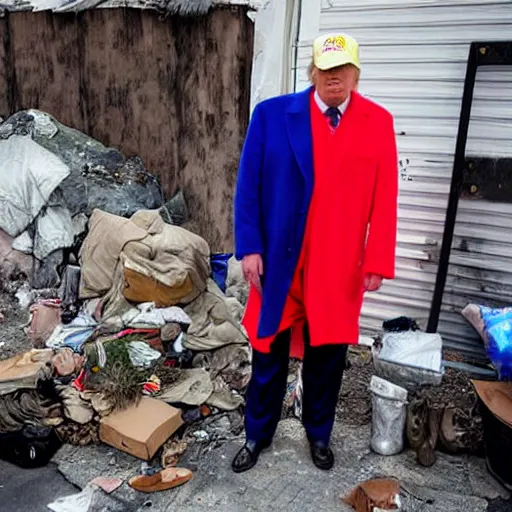 Image similar to donald trump dressed as a homeless man living in the slums