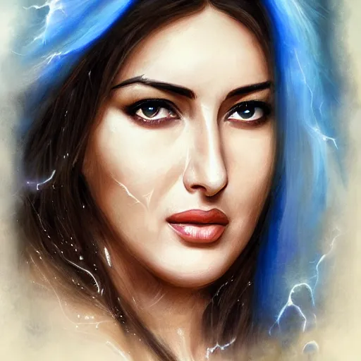 Image similar to Beautiful face Portrait of smiling young hindu Monica Bellucci, really big blue ocean color huge eyes, blue indygo thunder lightning, long wavy black hair, white veil, magic blue fire, focus face, dramatic lighting, intricate, India, wild, highly detailed, digital painting, artstation, concept art, smooth, sharp focus, illustration, art by artgerm and greg rutkowski and alphonse mucha, footage from space camera