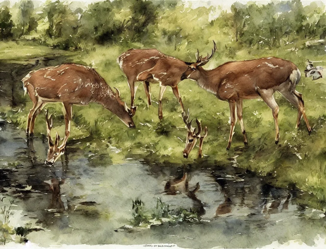 Image similar to watercolor sketch by anders zorn, deer drinking water by pond, nature art mockup