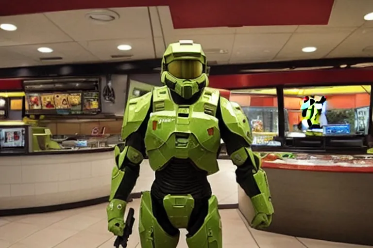 Image similar to master chief in mcdonalds