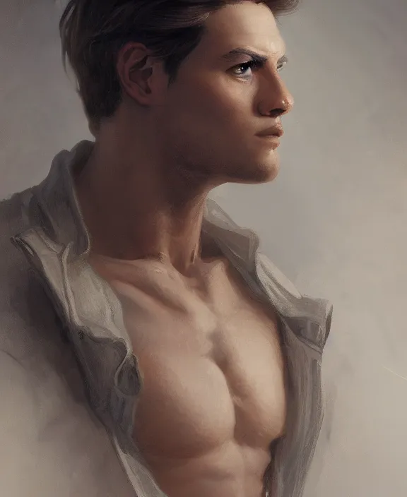 Prompt: portrait close up of young guy, concentrated look at the camera, symmetry, d & d, fantasy, intricate, elegant, highly detailed, digital painting, artstation, concept art, art by artgerm and greg rutkowski and alphonse mucha, boris vallejo
