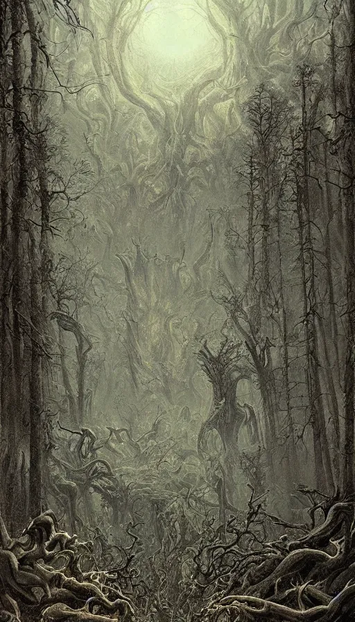 Image similar to a storm vortex made of many demonic eyes and teeth over a forest, by james gurney