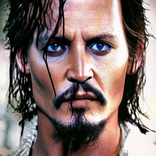 Image similar to symmetry!! portrait of johnny depp starring in the lord of the rings as aragorn, detailed - face!!, wide - angle!!, cinematic, intricate, elegant, highly detailed, film still, nikon, canon eos, zeiss lens, dramatic lighting, sharp - focus!!, photography!!