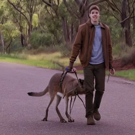 Prompt: Pete Davidson!!! walking a kangaroo, still from a 4k movie,