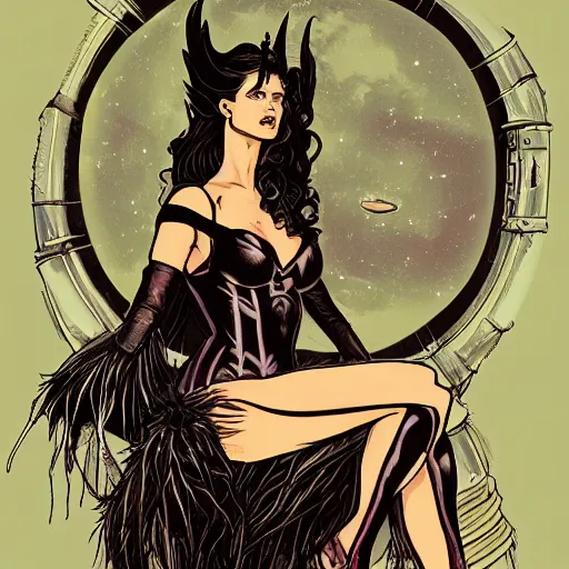 Prompt: Jennifer Connelly as dark fae gothic atompunk evil Disney villain queen with black feather hair, feathers growing out of skin, shedding feathers, in front of space station window, Mike mignola, trending on artstation, comic book cover, illustration