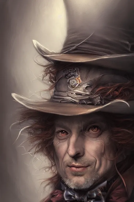 Image similar to mad hatter, portrait of a man, by wlop, by luis royo, by peter mohrbacher, concept art, digital illustration, intricate, masterpiece, elegant, super detailed, unreal engine rendering, smooth, sharp focus, artstation hq