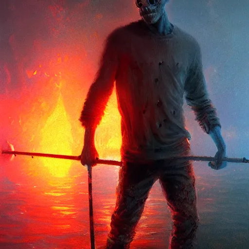 Image similar to UHD photorealistic Cosmic Zombie fishing in a radioactive lake of fire, in the style of tonalism by Greg Rutkowski, trending on Artstation, hyperrealistic, correct details, accurate face