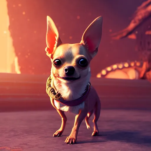 Image similar to an ascended chihuahua living in an extradimensional reality, in the style of wlop, illustration, epic, fantasy, hyper detailed, smooth, unreal engine, sharp focus, ray tracing, physically based rendering, renderman, beautiful