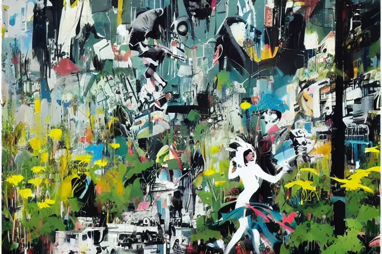 Image similar to Springtime, walls by john berkey, covered in graphitti of a spring bloom goddess by banksy, basquiat, cleon peterson, dramatic cinematic lighting, manicured solarpunk greenery, high fashion futuristic people walk past