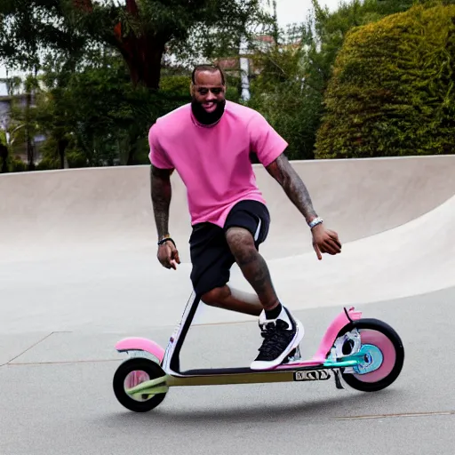 Prompt: paparazzi photo of Lebron James on a pink scooter in a skatepark, ultra high definition, professional photography, dynamic shot, smiling