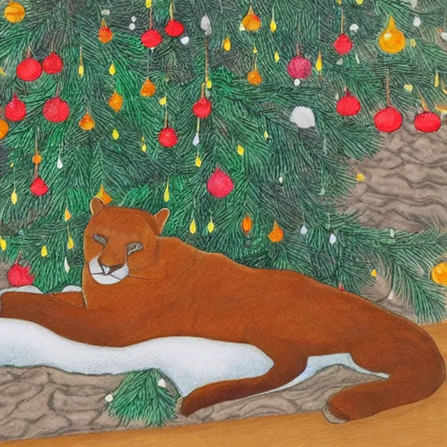 Prompt: crayon colouring book showing 'a cougar sleeping in the middle of snowy pine tree' laying on coffee table, zoomed out shot, HD