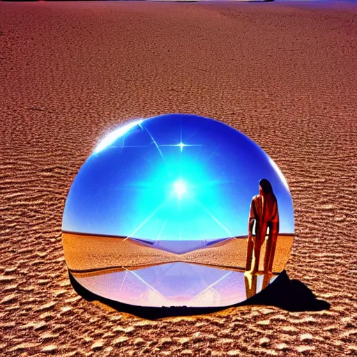 Image similar to big angular crystal in the desert, reflection from the crystal is sparkling due to sun, small starship near, futuristic, hi-tech details, style jean giraud