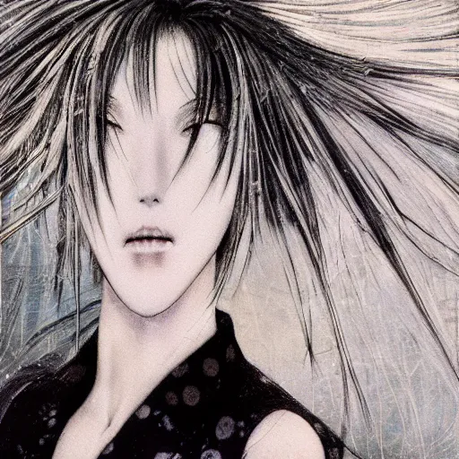 Image similar to Yoshitaka Amano realistic illustration of an anime girl with white hair and cracks on her face wearing dress suit with tie fluttering in the wind, abstract black and white patterns on the background, noisy film grain effect, highly detailed, Renaissance oil painting, weird portrait angle