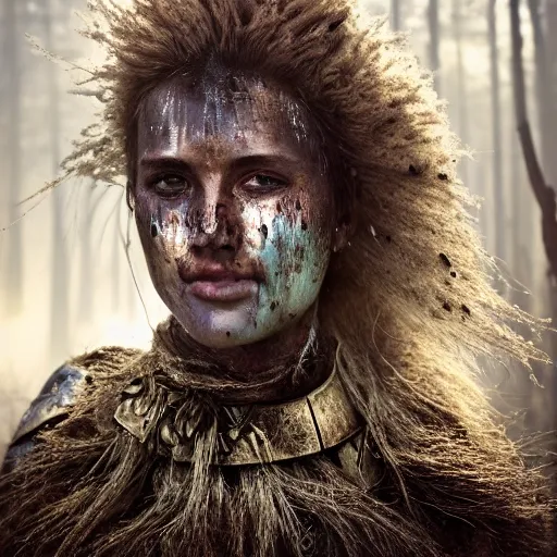 Prompt: head and shoulders portrait of a female knight, dirty armor, lightly dirty face, light blood spatter, detailed face, photography by jimmy nelson, golden hour, forest, hq