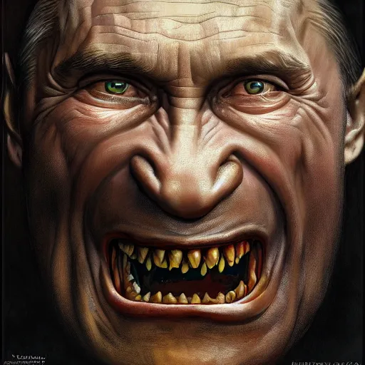 Prompt: vladimir putin, vladimir putin is evil ogre, toothless mutant, horror, macabre by donato giancola and greg rutkowski and wayne barlow and zdzisław beksinski, realistic face, digital art