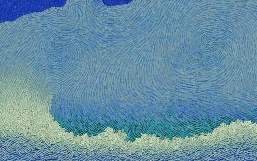 Prompt: a beautiful quiet beach in okinawa, fractal waves. japanese embroidery. retro minimalist art by jean giraud and van gogh.