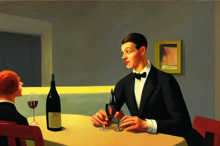 Prompt: sommelier pouring a glass of wine for discerning guest at a fancy restaurant, picture in style of Edward Hopper,