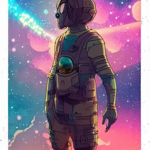 Image similar to a futuristic wanderer gazing into a universe full of mystical colorful light nebulae and galaxies, studio ghibli color scheme, in the style of caspar laurie greasley