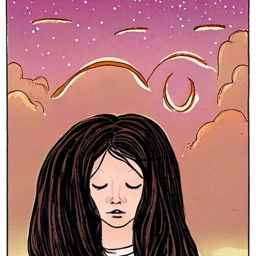 Image similar to Performance art. A beautiful illustration of a young girl with long flowing hair, looking up at the stars. She appears to be dreaming or lost in thought. by Brian K. Vaughan