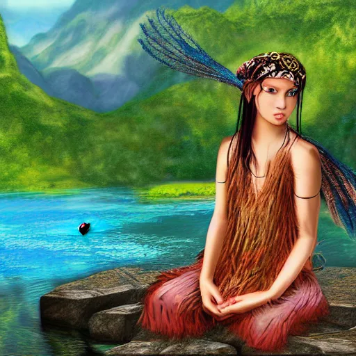 Image similar to inka harpy girl, wearing inka clothes, sitting at a pond, mountainous area, trees in the background, digital art