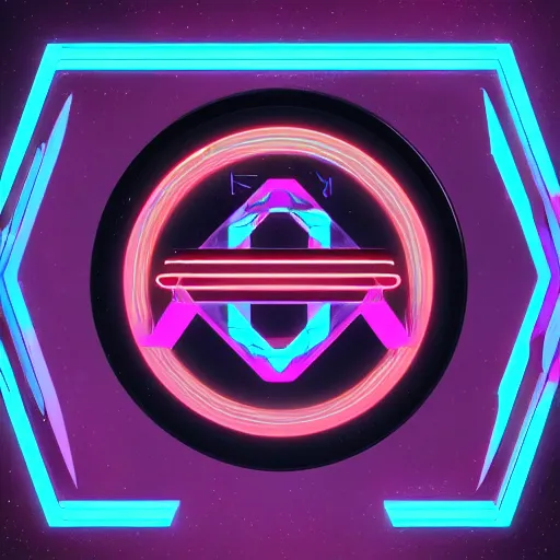 Image similar to painting of a scifi logo for a synthwave music producer by beeple, digital 3 d, black background, minimal, trending on artstation