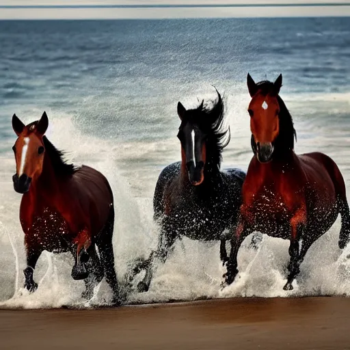 Image similar to close up of horses running through the waves on a beach with water splashing up, cinematographic shot, cartoon