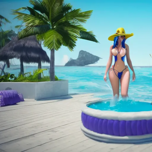 Image similar to pool party Caitlyn (League of Legends) starting into the caribbean horizon . 3d octane render 4k