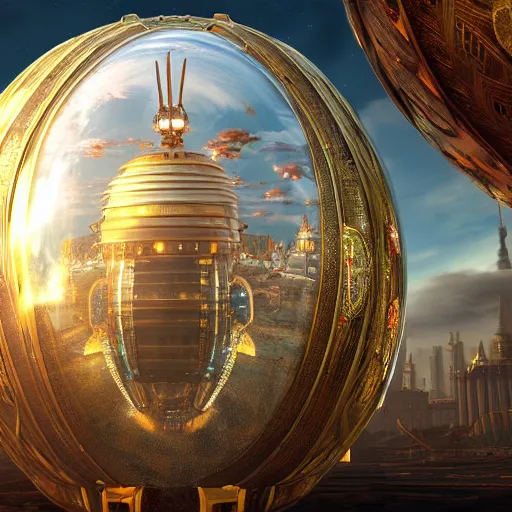 Image similar to enormous flying city in a gigantic faberge egg, sky, steampunk, fantasy art, unreal engine,