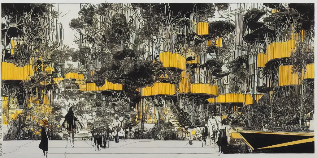 Image similar to masterpiece high contrast black, gold, teal, orange, ink drawing of woman walking in an afro futurist pedestrianized eco city block designed by by frank lloyd wright architect, plants and trees on walkways low buildings, green energy, bicycles,, bill sienkiewicz, giant agapanthus flower from buildings wide angle, insanely detailed and intricate