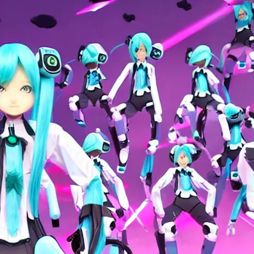 Prompt: hatsune miku leading an army of robots