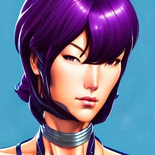 Prompt: head and shoulders portrait of Motoko Kusanagi, Fortnite illustration, medium shot, intricate, elegant, highly detailed, digital art, ffffound, art by gil elvgren and JC Leyendecker and sachin teng