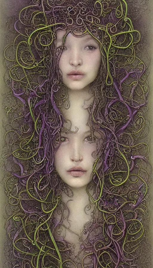 Image similar to very detailed portrait of a 2 0 years old girl surrounded by tentacles, the youg woman visage is blooming from fractal and vines, by brian froud