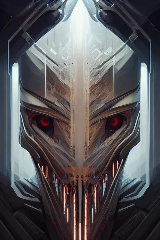 Image similar to professional concept art symmetrical portrait of a horrendous robotic fractal predatory species in a dark room by artgerm and greg rutkowski. an intricate, elegant, highly detailed digital painting, cubism, concept art, smooth, sharp focus, illustration, in the style of cam sykes.