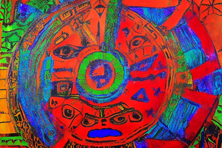 Image similar to 'Dawn of the Aztec godly lights' acrylic on hide, private collection, masterpiece