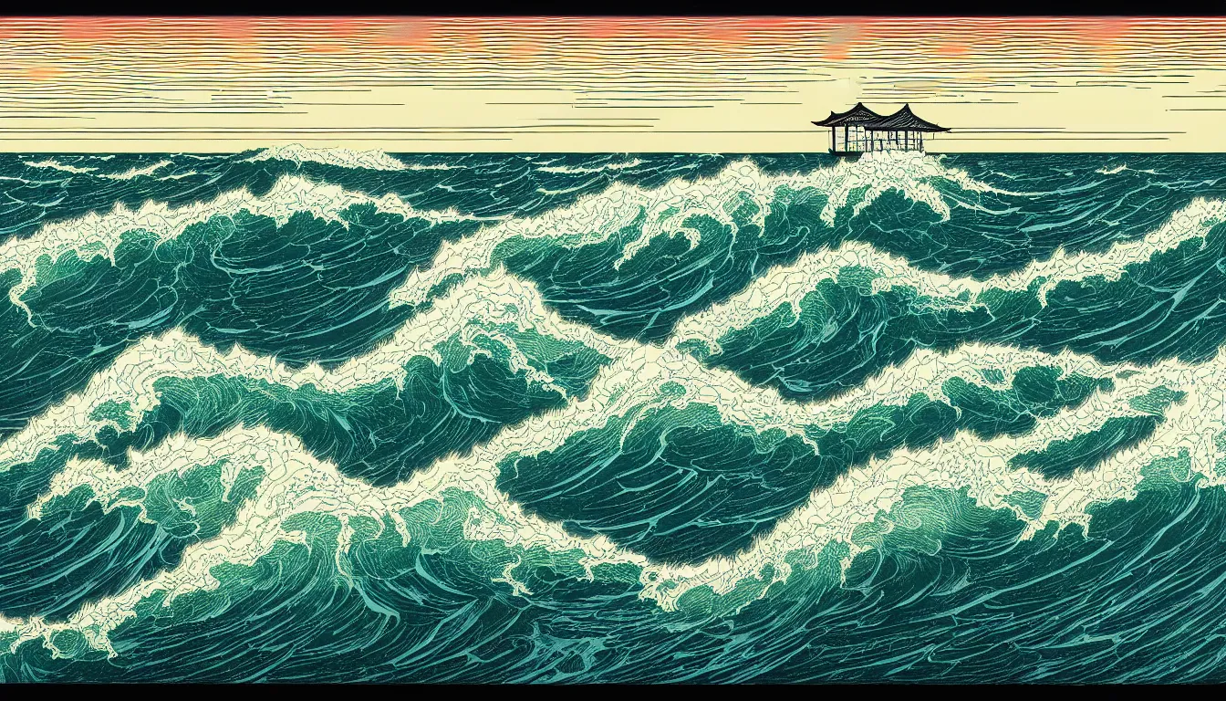 Image similar to ocean storm by dan mumford and peter doig and edward hopper, symmetrical, minimal, black ink, thick lines highly detailed, muted colours, overlaid with chinese adverts, 8 k