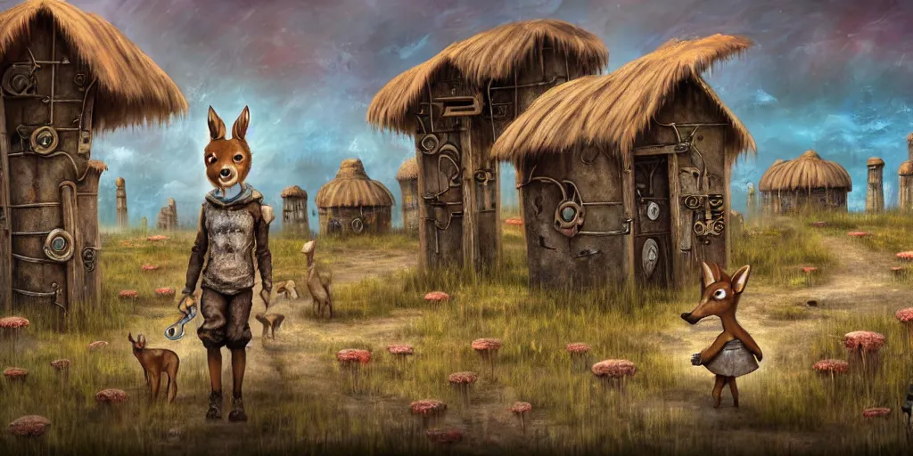 Prompt: anthropomorphic doe is visiting a post - apocalyptic merchant town of flower huts in the salt dunes, matte oil painting, extreme body modification, badlands, rust, retrofutistic, science fantasy, rpg, roguelike, epic, plants, extremely detailed, sharp focus, 4 k