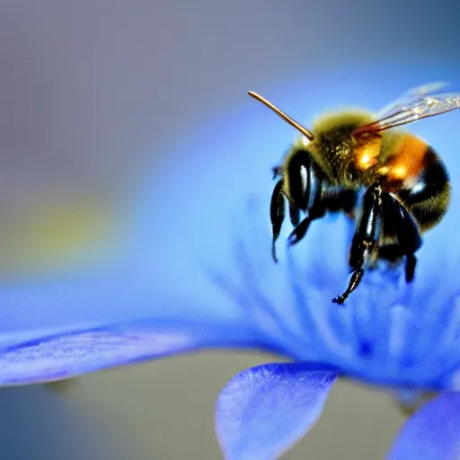 Image similar to a glowing blue metal honey bee, shiny