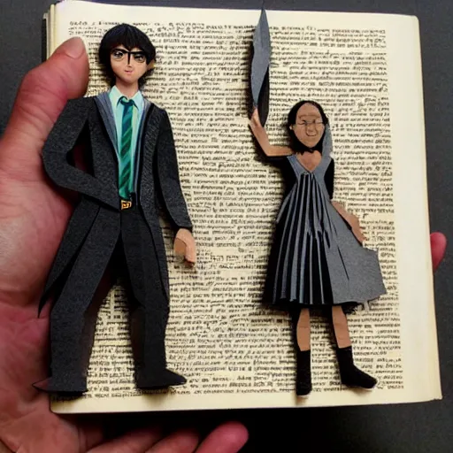 Image similar to cut paper sculpture of harry potter and hermione granger in a book