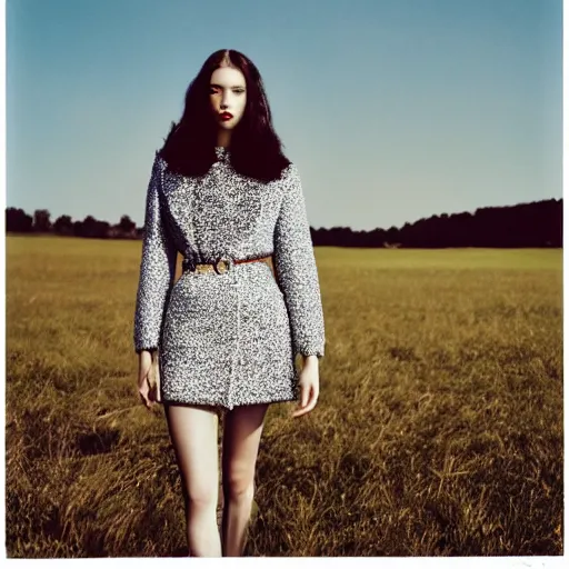 Image similar to realistic!!! photoshoot for a new dior lookbook, color film photography, portrait of a beautiful woman, location on a open field, in style of tyler mitchell, 35mm