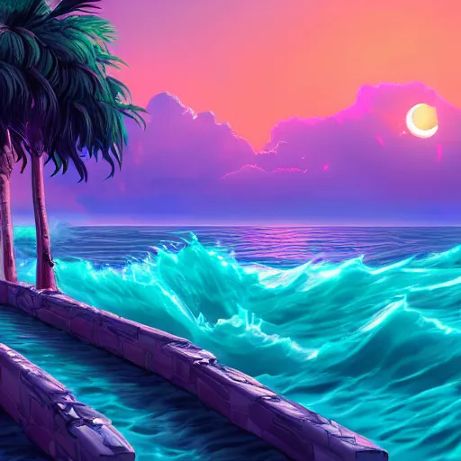 Image similar to a ancient pathway over the sea, vaporwave, retrowave epic art, trending on art station