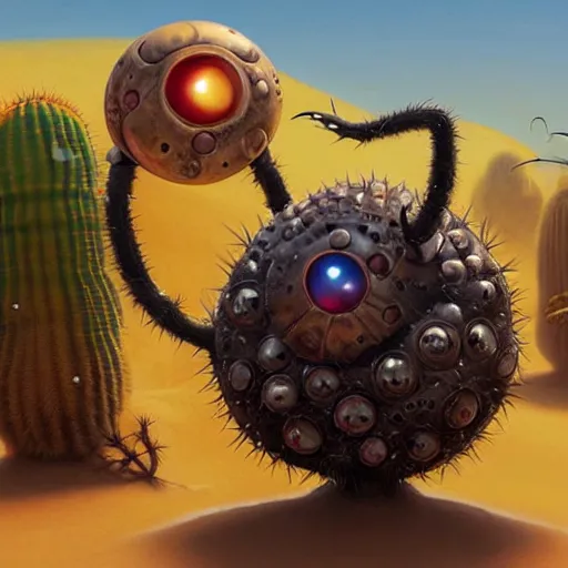 Prompt: ball creature covered with eyes, with two antennas, in the desert next to a cactus, d & d, fantasy, greg rutkowski, frank frazetta, alexandre chaudret, boris vallejo, michael whelan, miro petrov, hr giger, magali villeneuve, donato giancola