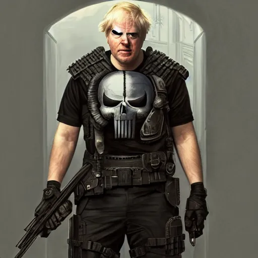 Image similar to Boris Johnson as Punisher, armor plate, realistic portrait, symmetrical, highly detailed, digital painting, artstation, concept art, smooth, sharp focus, illustration, cinematic lighting, art by artgerm and greg rutkowski and alphonse mucha