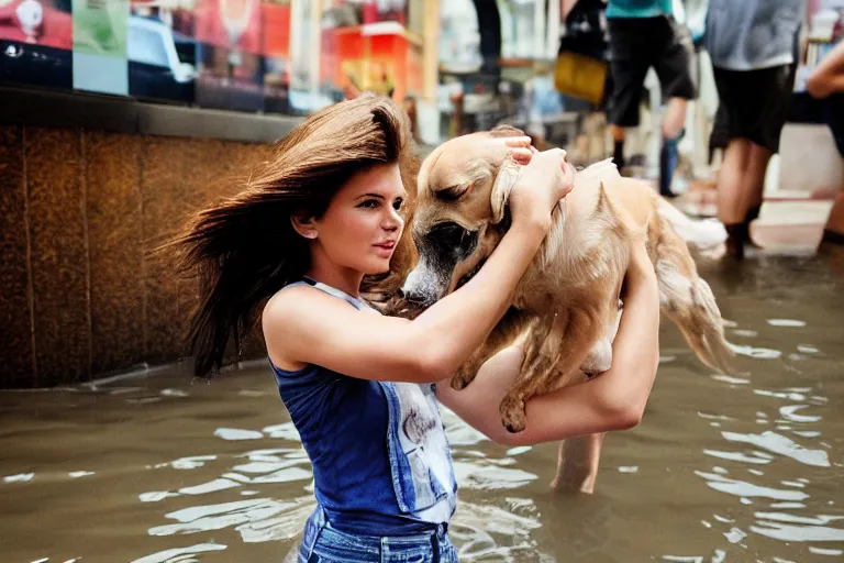 Prompt: closeup portrait of a girl carrying a dog over her head in a flood in Rundle Mall in Adelaide in South Australia, photograph, natural light, sharp, detailed face, magazine, press, photo, Steve McCurry, David Lazar, Canon, Nikon, focus