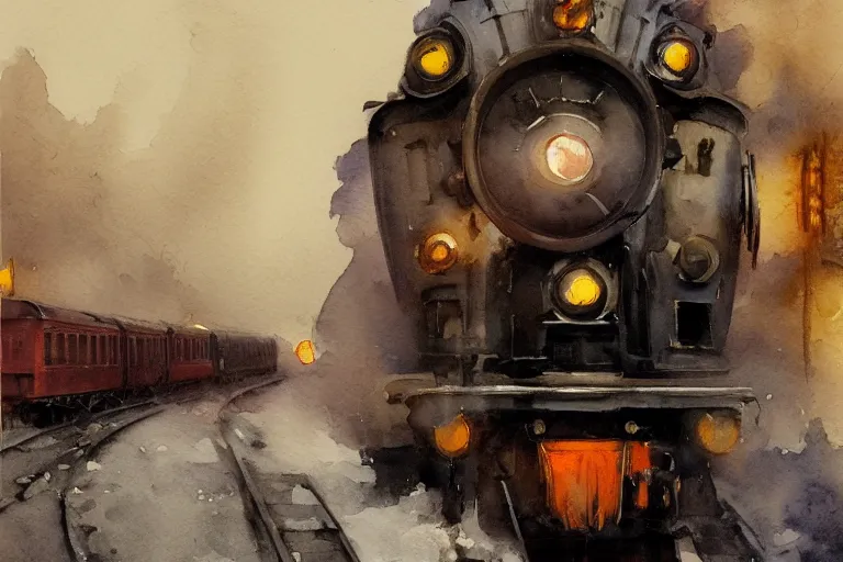 Prompt: small centered on watercolor paper, paint brush strokes, abstract watercolor painting of steam train voyage, cinematic light, national romanticism by anders zorn, by hans dahl, by jesper ejsing, by greg rutkowski, by greg manchess, by tyler edlin, by craig mullins