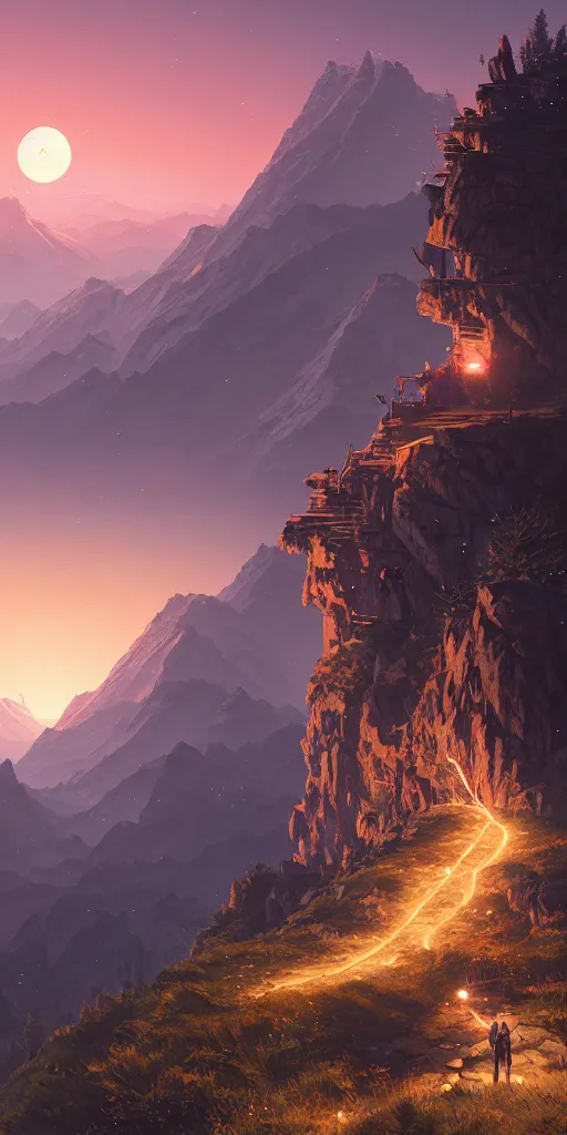 Image similar to highly detailed mountain in night, gta v, stephen bliss, unreal engine, fantasy art by greg rutkowski, loish, rhads, ferdinand knab, makoto shinkai and lois van baarle, ilya kuvshinov, rossdraws, tom bagshaw, radiant light, detailed and intricate environment