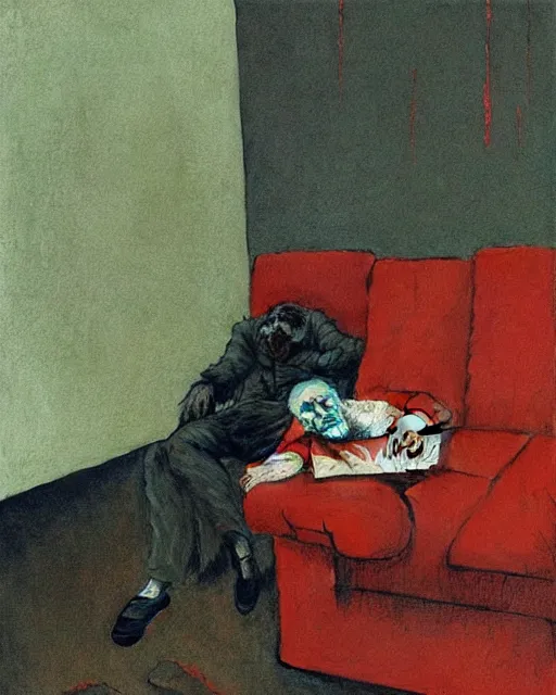 Prompt: an old dead couple sitting on a couch in an old soviet apartment, Beksinski painting, part by Adrian Ghenie and Gerhard Richter. art by Takato Yamamoto, Francis Bacon masterpiece