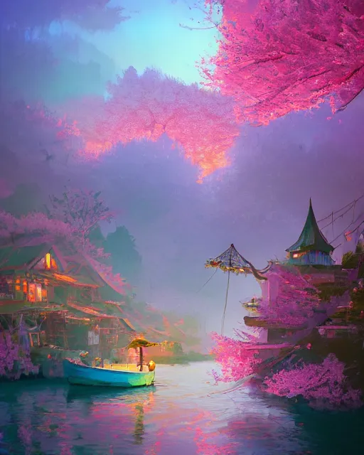 Image similar to a small fishing village on the river | cherry - blossoms | highly detailed | very intricate | serene romantic fantasy whimsical magical | soft bright natural morning light | pixar | award - winning | matte painting by anton fadeev and paul lehr and rhads and alena aenami | pastel color palette | featured on artstation